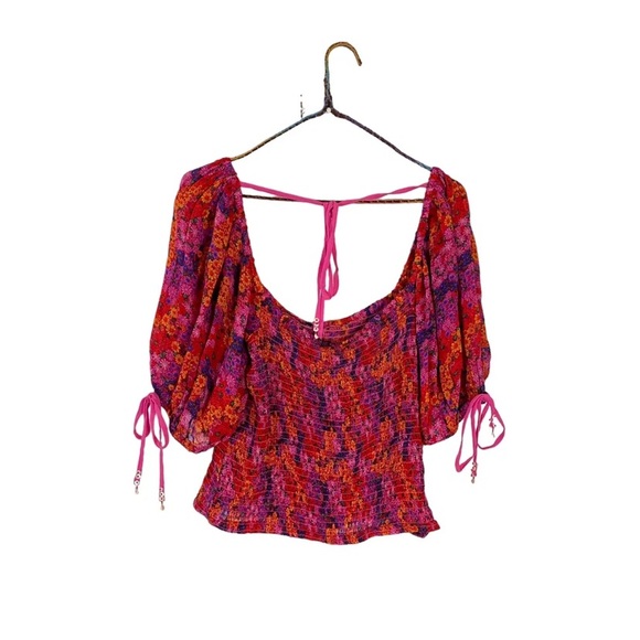 NWOT Free People Hot Pink Ditsy Floral Print Blouse Puff Sleeve Top, XL - Picture 3 of 11